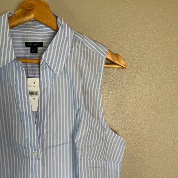 Ann Taylor Collared Split Neck Striped Sleeveless Shirt - Picture 11 of 16